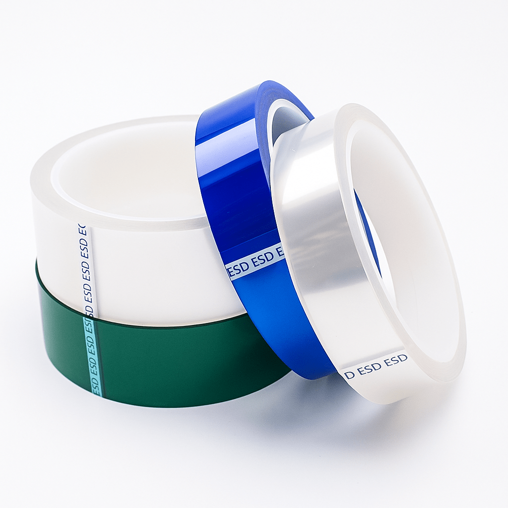 ESD polyester tape made from PET film for PCB masking, electronic protection, and anti-static packaging. Custom roll, width, and die-cut options available.